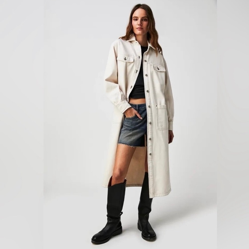 Free People Cream Long Jean Trench Jacket